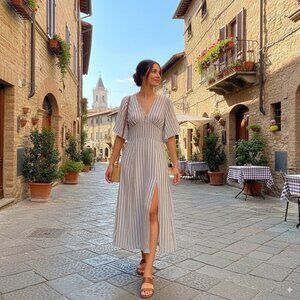 NWT Lusana Claudia Striped Midi Dress in Adele 100% Crepe Georgette Size Small